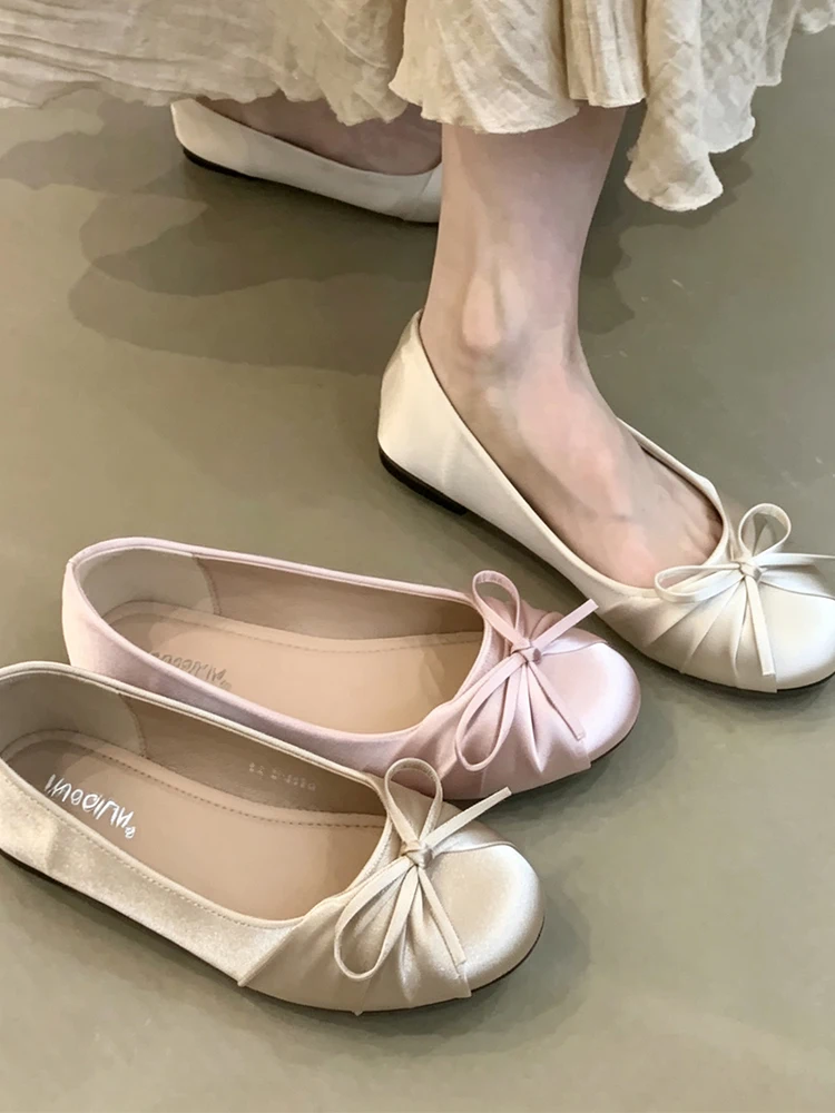 Ballet Flat Shoes Women's  Knot Silk Surface Slip-On Shoes Fairy Tale Style Evening Shoes Mary Janes round Toe Flats
