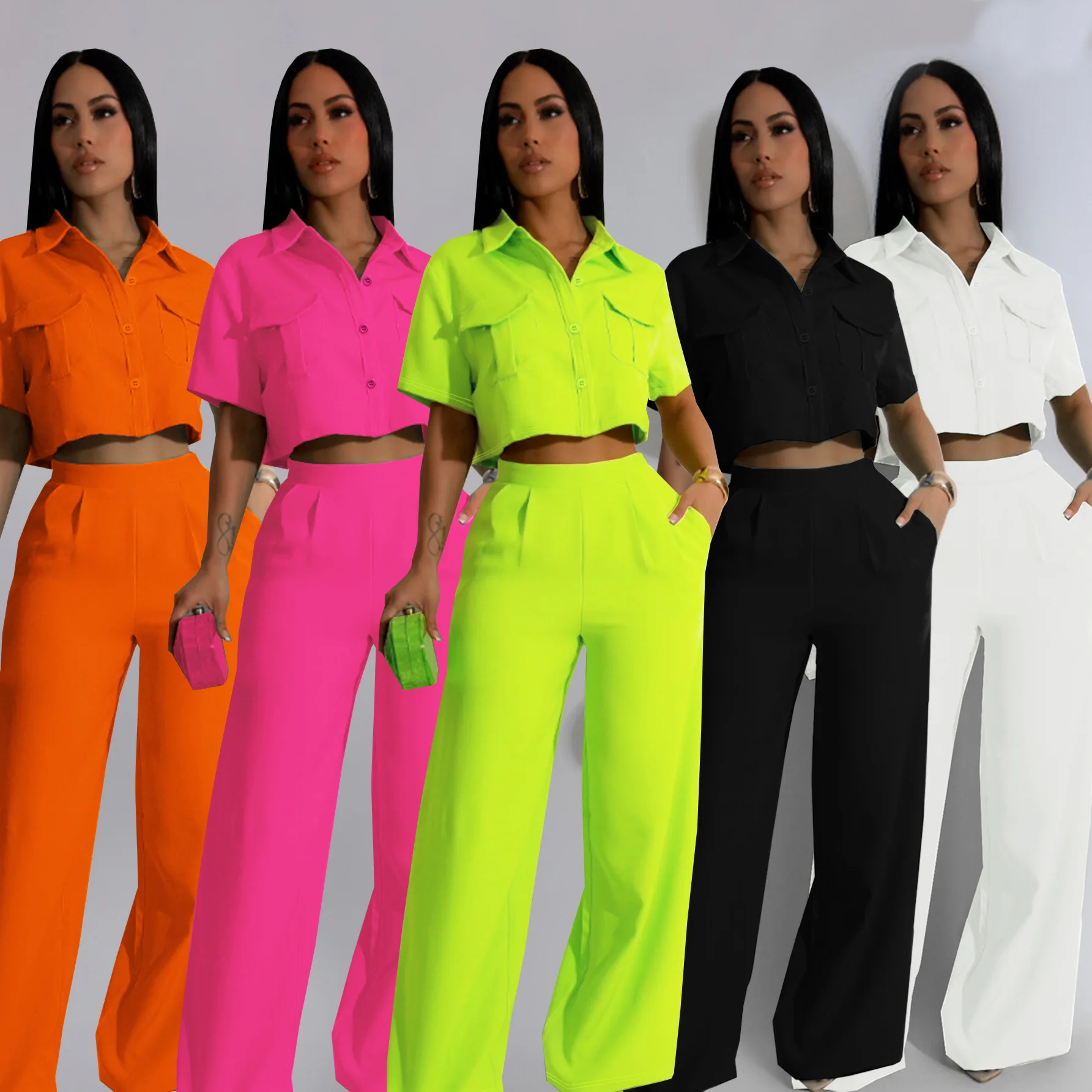 Bkld Dameskleding 2024 Zomer Nieuwe Mode Turn-Down Kraag Korte Mouw Crop Tops Hoge Taille Wijde Pijpen Broek Tweedelige Sets