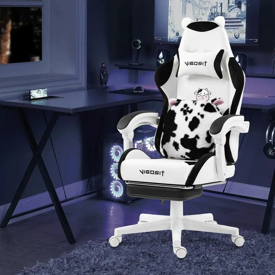 

Cute Gaming Chair with Footrest Ergonomic Computer Chair Cow Print Design, High Back PU Leather Office Chairs with Lumbar Suppo