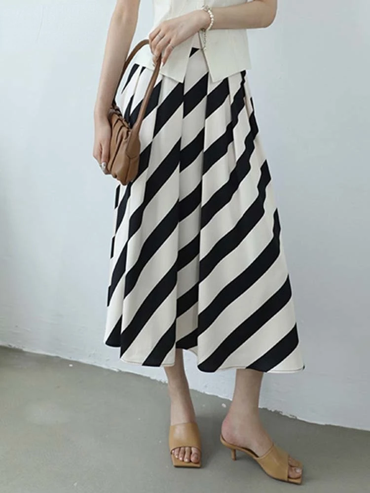 Women Fashion Trend New Spring Autumn 2022 High Waist Black Striped Pattern Long Elegant A-line Half-body Skirt