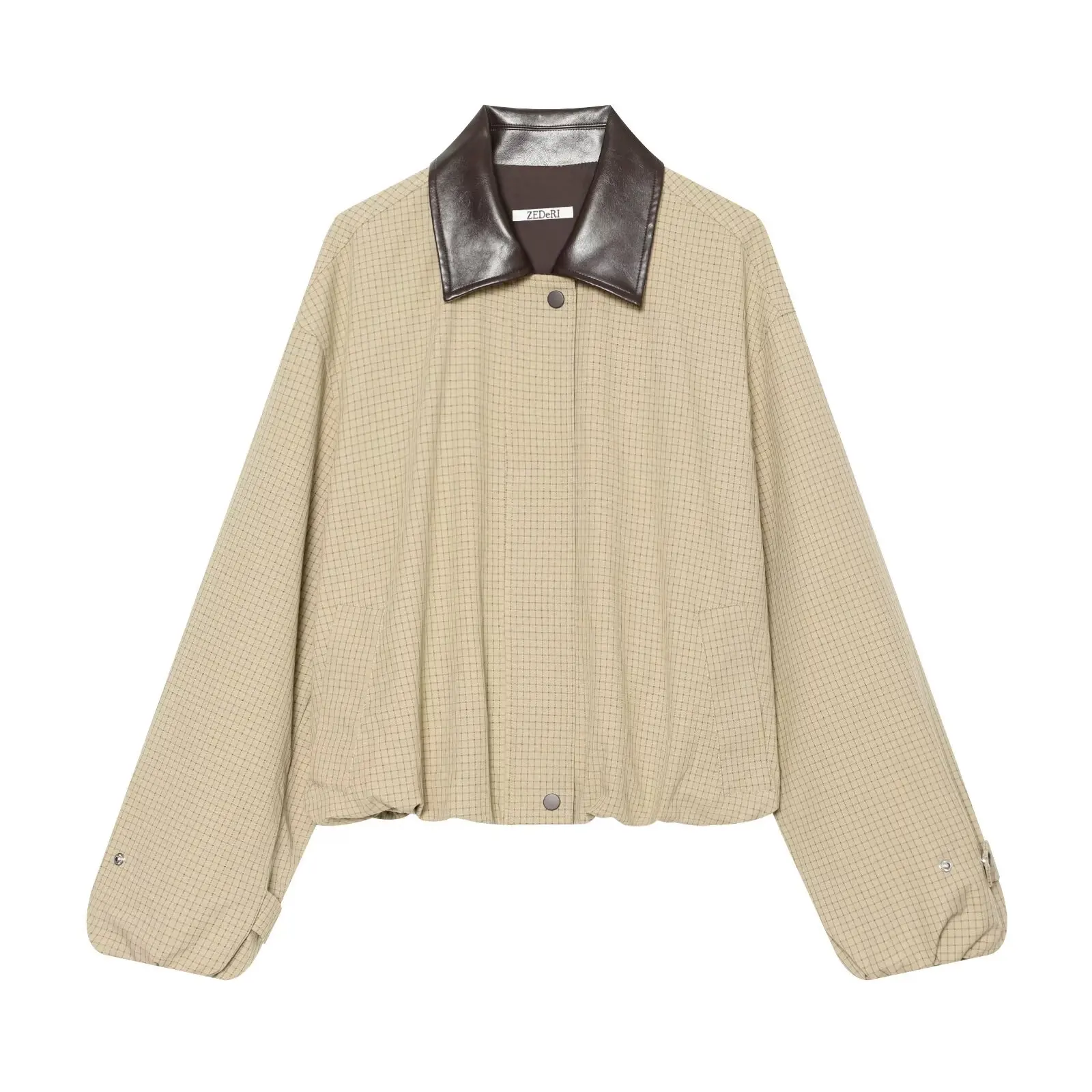 Fashionable Plaid Color Block Collar Jacket Women's Standard Fit Polyester Long Sleeve Coat Versatile Autumn New Arrival