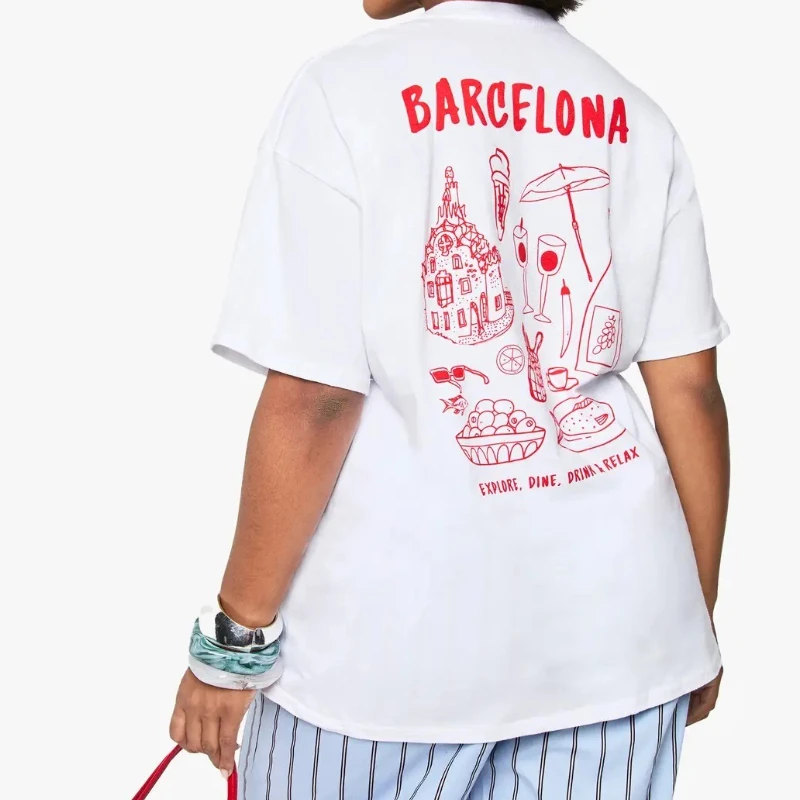 

Женская футболка больших размеров с графическим рисунком Барселоны, милые эстетические прибрежные хлопковые футболки, рубашка с короткими рукавами, унисекс, отпускной топ Y2k