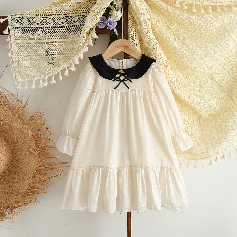 

Autumn New Baby Girls Leisure Pastoral Style Clothes Solid Color Lapel Long Sleeved Kids Dress Cute Dresses 3-7 Years Old