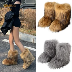 Women Faux Fur Boots Winter Fluffy Plush Warm Mid Calf Snow Boots Luxury Fashion Furry Boots Comfortable Outdoor Flat Shoes