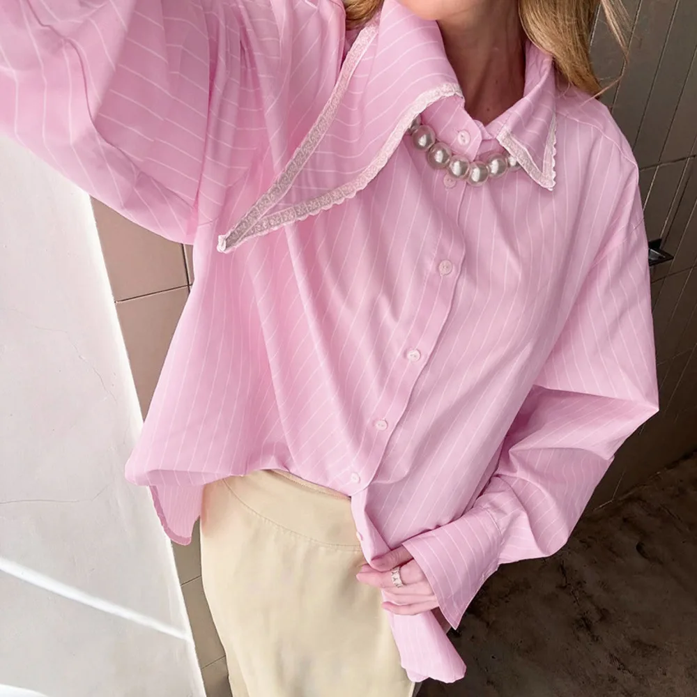 

Blifanbo Striped Irregular Pink Shirts Women Elegant Patchwork Single Breasted Casual Long Sleeve Female Shirts Streetwear New