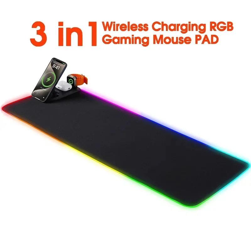 3-In-1 RGB Magnetic Wireless Charging Mouse Pads for Airpod With Bracket for Apple Watch Portable Gaming Mouse Pad PC Laptop Pad