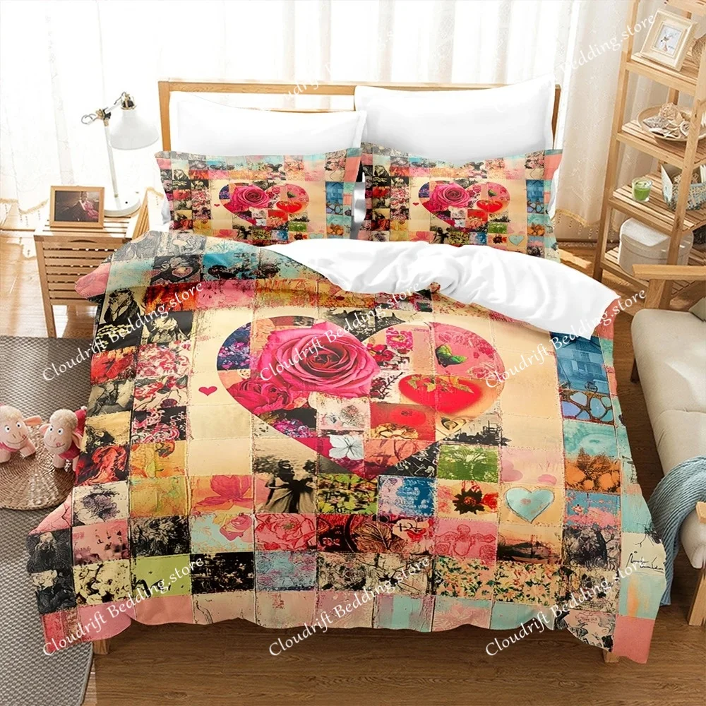 Love Heart and newspaper splicing Bedding Set Comforter Cover Soft Romantic Duvet Cover  For Girls Women Room  Valentine's Day