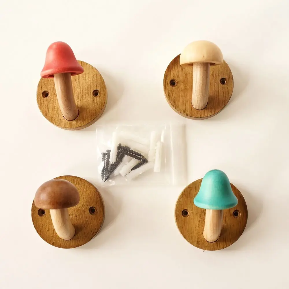 Convenient Wall Hanging Mushroom Wood Hook Cute Load-bearing Key Holder Hooks Cartoon Creativity Decorative Hanger Household