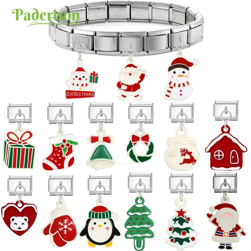 Paderison Christmas Series Santa Claus Snowman House Italian Charm Links Fit 9mm Bracelet Stainless Steel DIY Jewelry Making