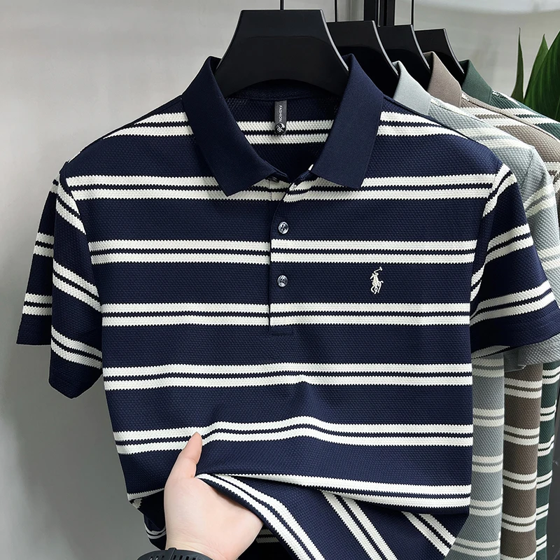 Hochwertiges Luxus-Herren-Poloshirt aus Reiner Baumwolle Kurzarm Sommer Neu Besticktes Gestreiftes T-Shirt Business Casual Atmungsaktives Oberteil