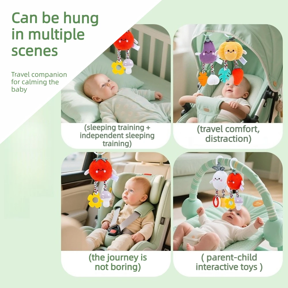 4 peças de brinquedos suspensos para berço com formato de animais e vegetais frescos, macios, de pelúcia, com som relaxante, educativos para bebês.
