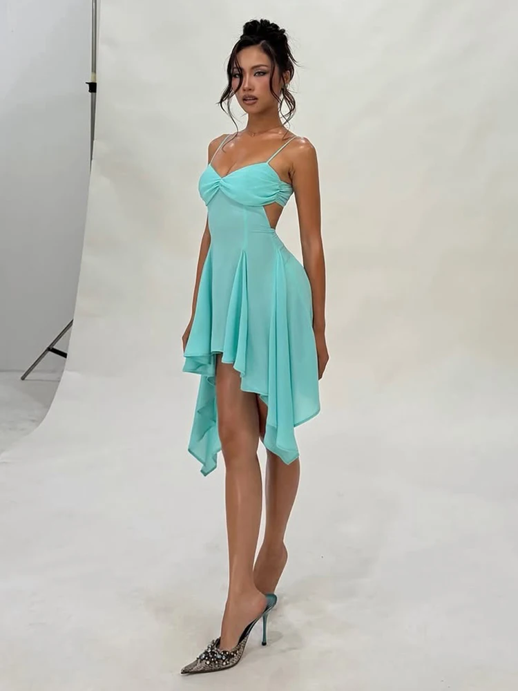 Weird Puss Bandage Rückenfreies Kleid für Damen, tief ausgeschnittenes, ärmelloses, unregelmäßig gerafftes Saum, figurbetont, einfarbig, Sommermode, klassisches Bodycon-Kleid – Detail 12