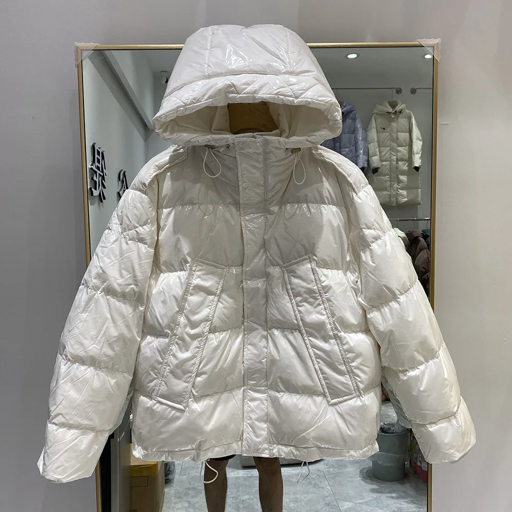 Glossy Short Puffer Jacket Korean Hooded Shiny Down Jackets Solid Colors Drawstring Long Sleeve Winter Parkas Female Coat