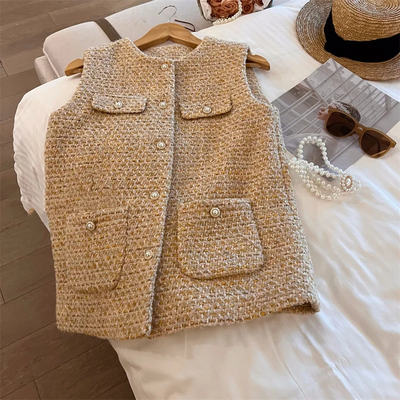 2024 Vintage Tweed Jacket Sleeveless Coat Ladies Belt Small Fragrance Jacket Autumn Korean Women Vest