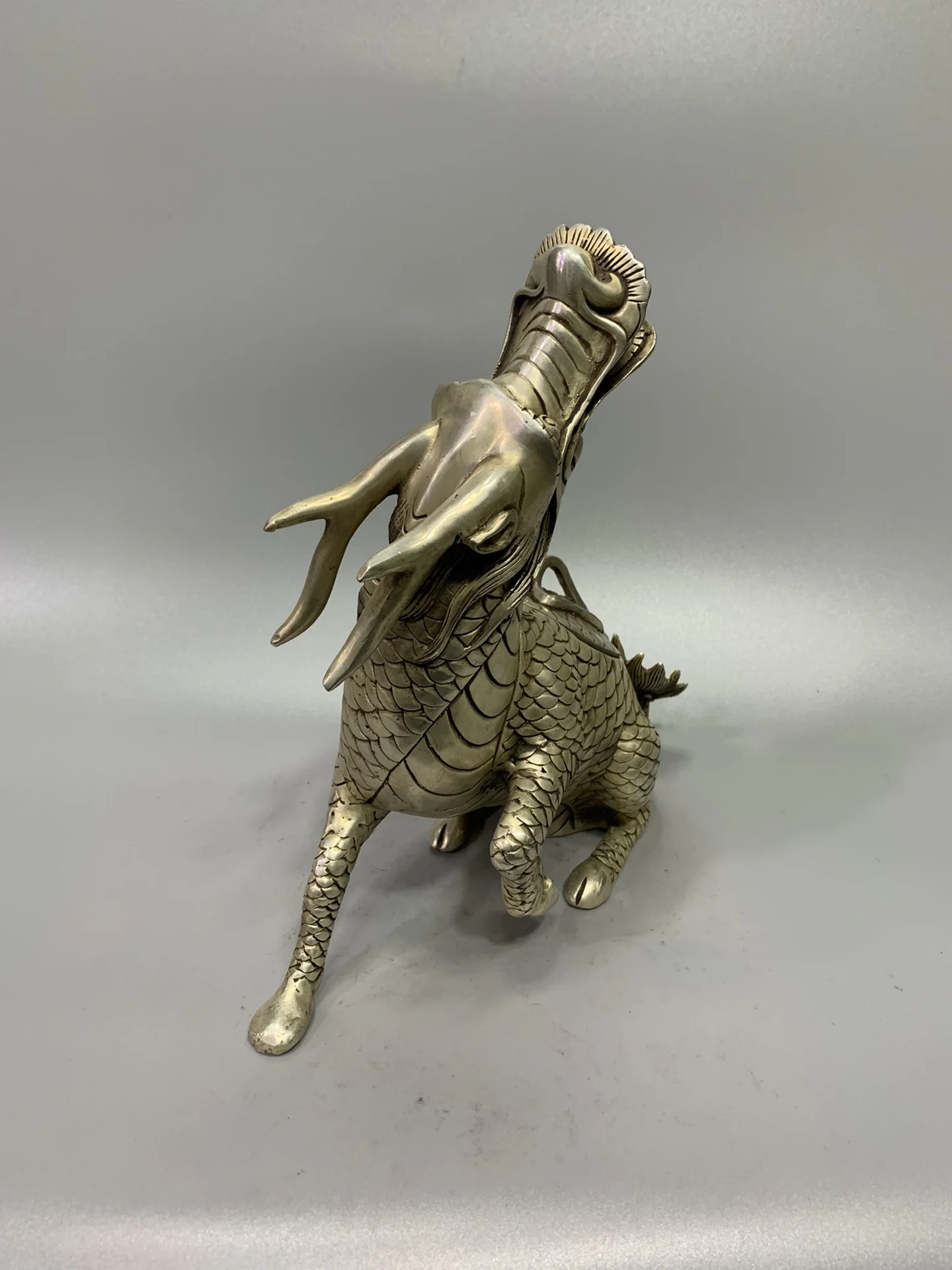 Old Bronze Gilded Silver kylin Unicorn Statue Turning back divine beast incense burner Ornaments Town house Exorcism