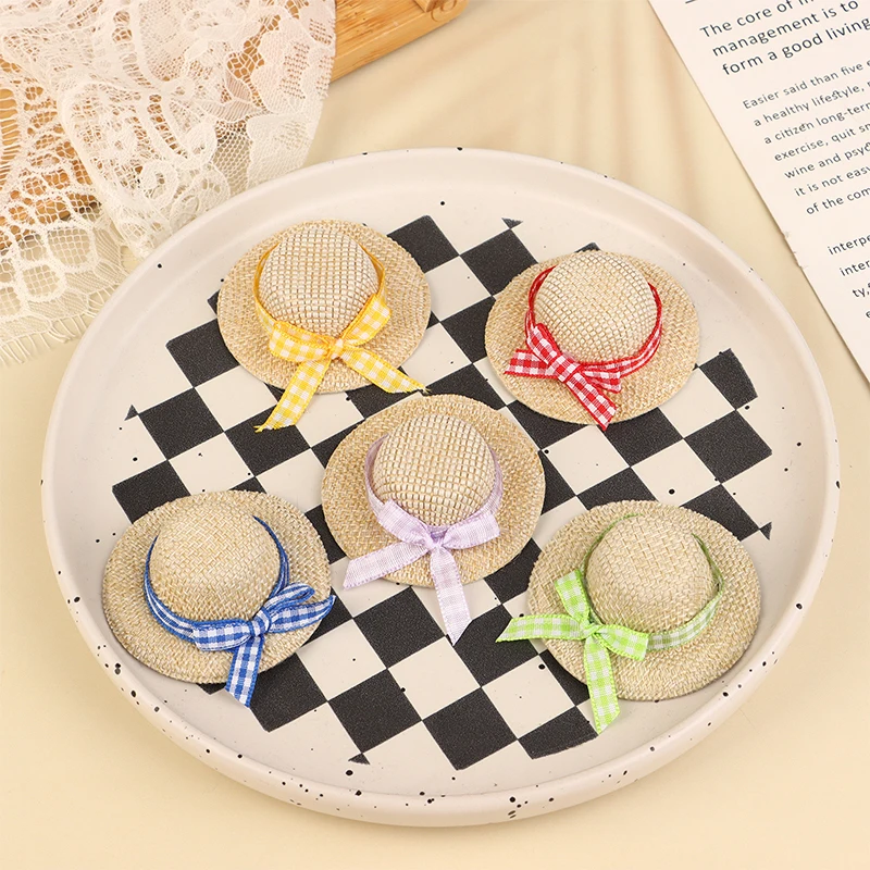 2Pcs Miniature Straw Hat Mini Doll Straw Hats With Bow Hat Doll House Ornament Hand Weaved Dollhouse Accessories