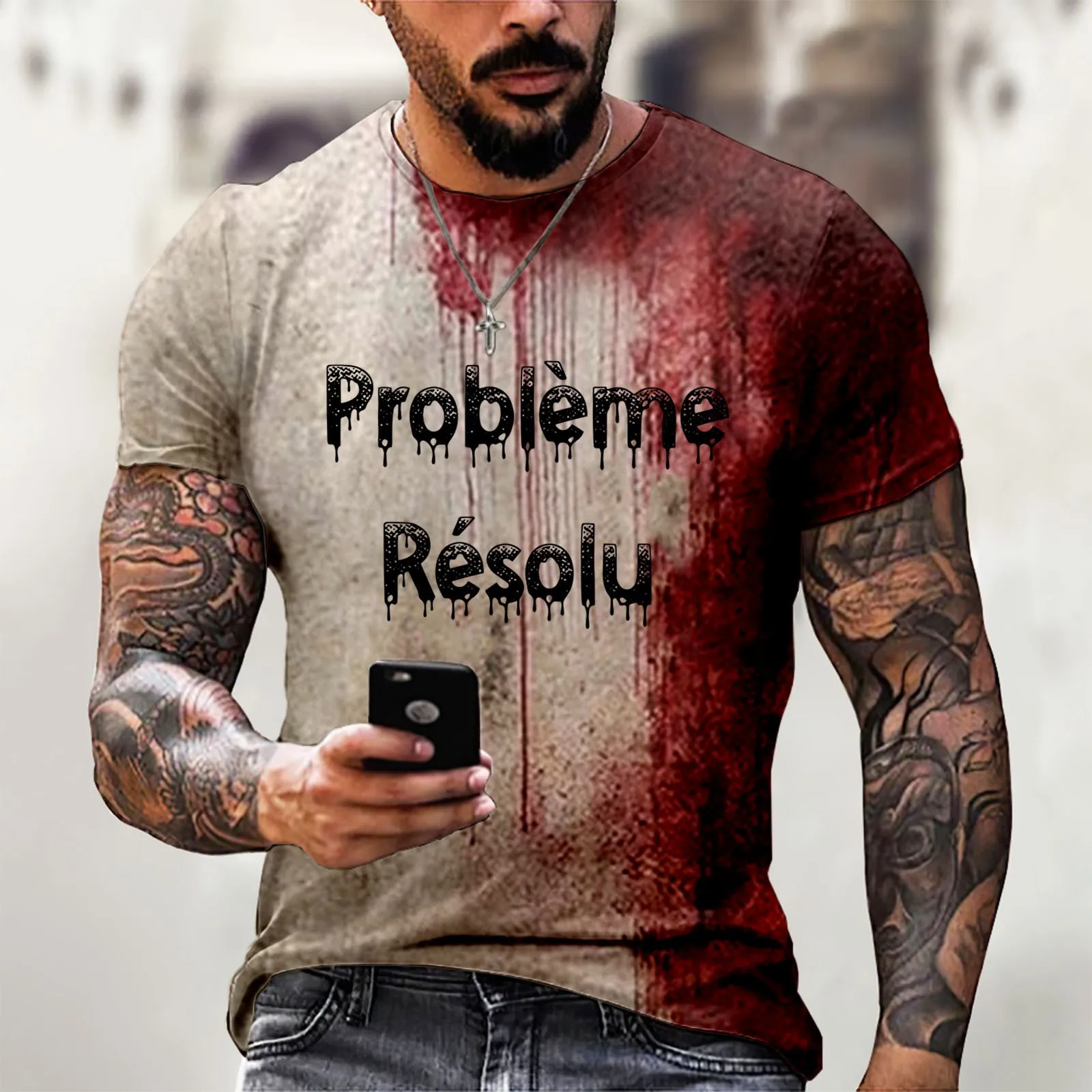 Viss Resolu Bloody Fonts T-Shirt Krótki Rękaw Okrągły Dekolt Distressed T Shirt Męski 2024 Halloween Print Tops Holiday Party Top