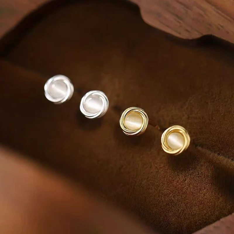 Real 925 Sterling Silver Opal Round 14K Gold Stud Earrings For Women Party Classic Fine Jewelry Light Luxury Accessories