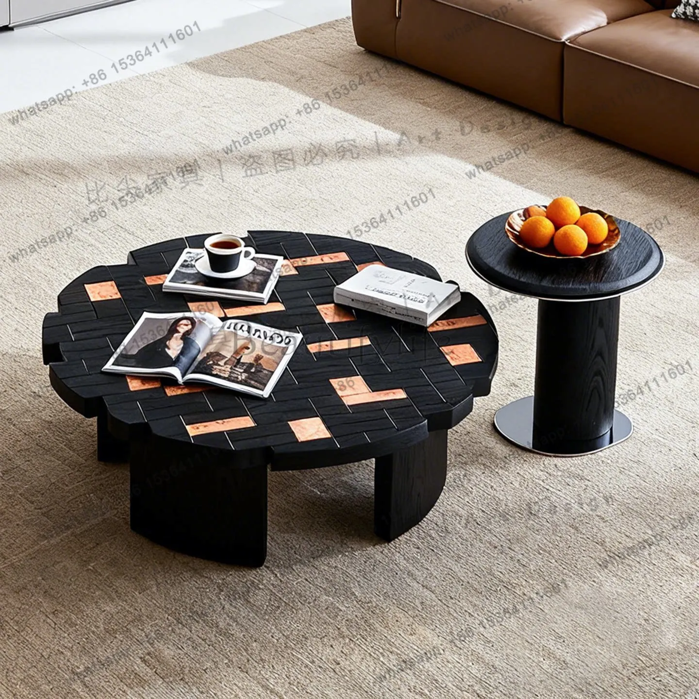 Minimalist Medieval Style Coffee Table Solid Wood Round High-end Color Matching Pomegranate Creative High-end Customization