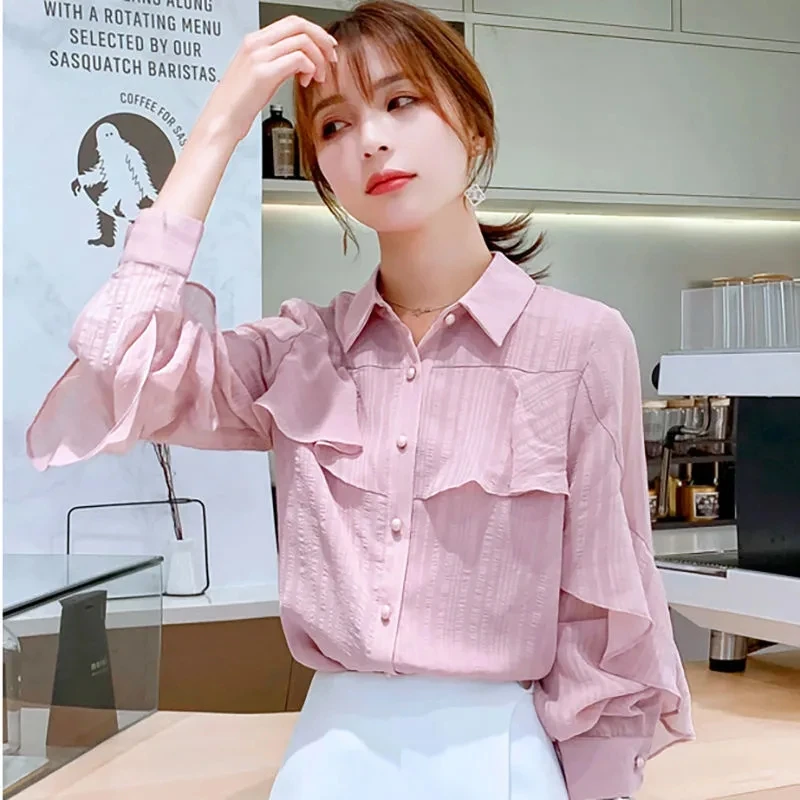 

Female Spring Summer Fashion Loose Fitting Korean Chiffon Shirt Tops Women flounce Solid Color Long Sleeved Small Shirt Tops