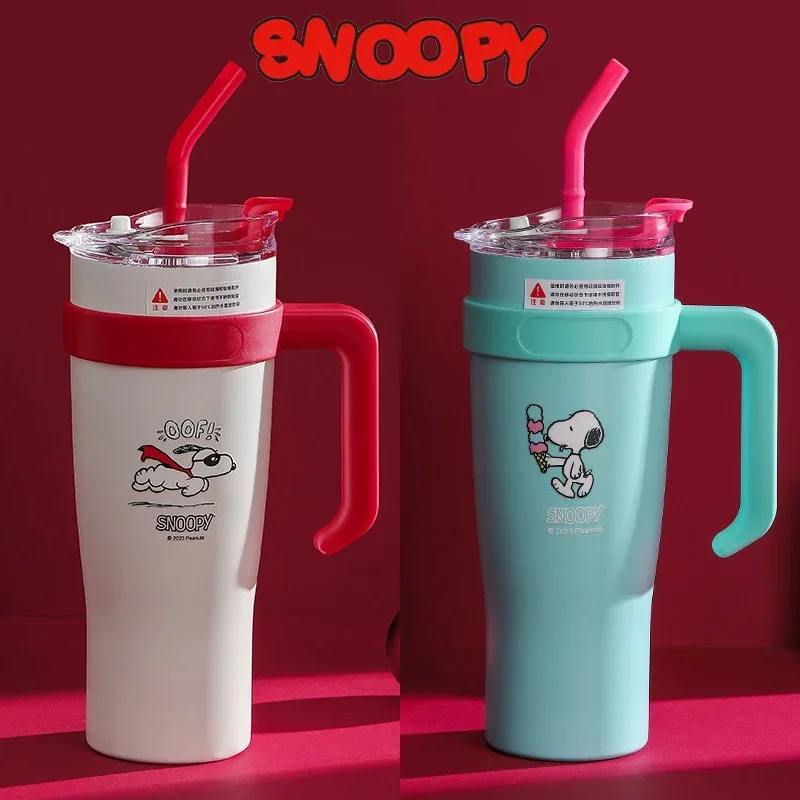 Original 1250ML Snoopy Thermos Coffee Cup with Straw Large Capacity Stainless Steel Thermal Water Bottle Cold Hot Cartoon Cup