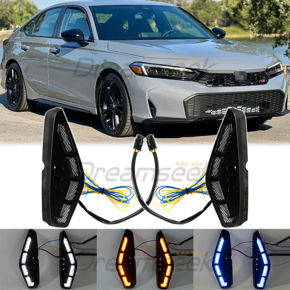 LED Daytime Running Light DRL for Honda Civic 2025+ Fog Lamp Dynamic Turn Signal 3Color Front Bumper Daylight Blinker Left+Right