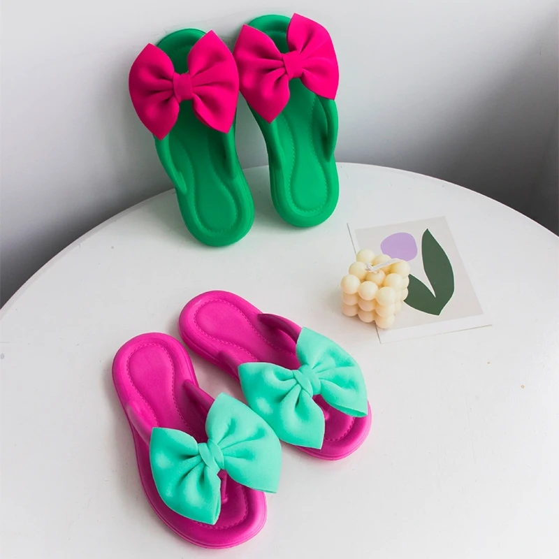 2024 New Women\'s Bowknot Slippers Adult Sweet Non-Slip Bow Flip Flops Girls Soft Candy Color Fashion Flat Slides Indoor Sandals