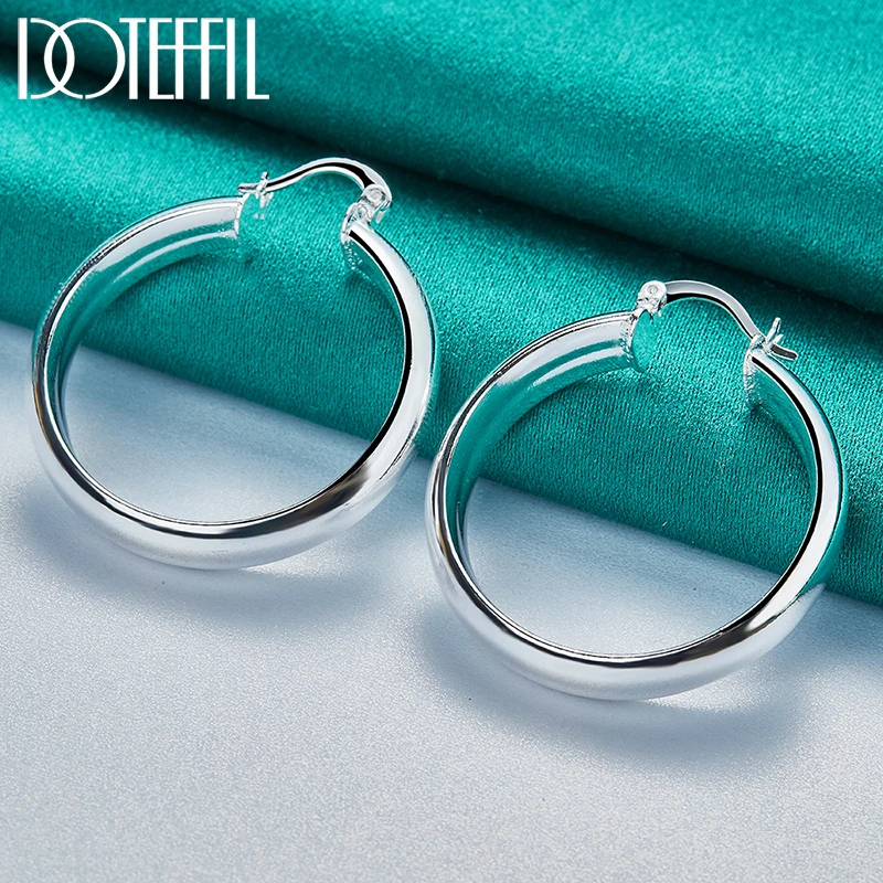 DOTEFFIL 925 Sterling Silver 35mm Circle Smooth Hoop Earring For Woman Lady Best Gift Fashion Charm Engagement Wedding Jewelry