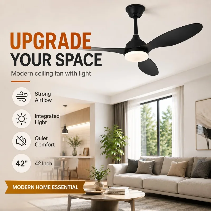 42 Inch Ceiling Fan with LED Light Remote Control Large Airflow Quiet Hanging Rod Fan for Living Dining Room Ceiling Fan Light