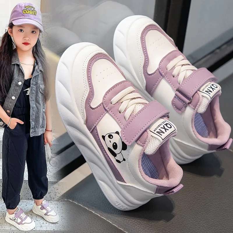 Girls Casual Shoes Flat Sole Sport Board Shoes Panda Pattern Lightweight Comfortable Leather Walking Sneakers Kids Footwear