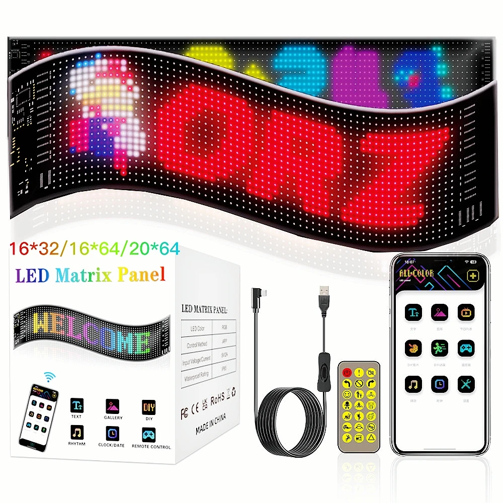 LED matrix pixel flexible panel light RGB Bluetooth APP USB 5V addressable pattern scrolling text animation DIY fun soft strip