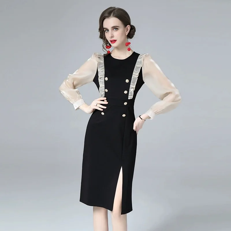 French Romantic Split Dress Women Social Business Formal Dresses Lady Patchwork Stitching O Neck Dresses Hit Color A Line Dress