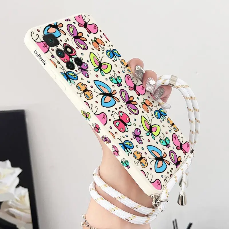 Charm Butterfly Crossbody Lanyard Silicone Phone Case For Xiaomi Redmi 10 10A 12C 9 10C 9T 9A A1 9C Cover