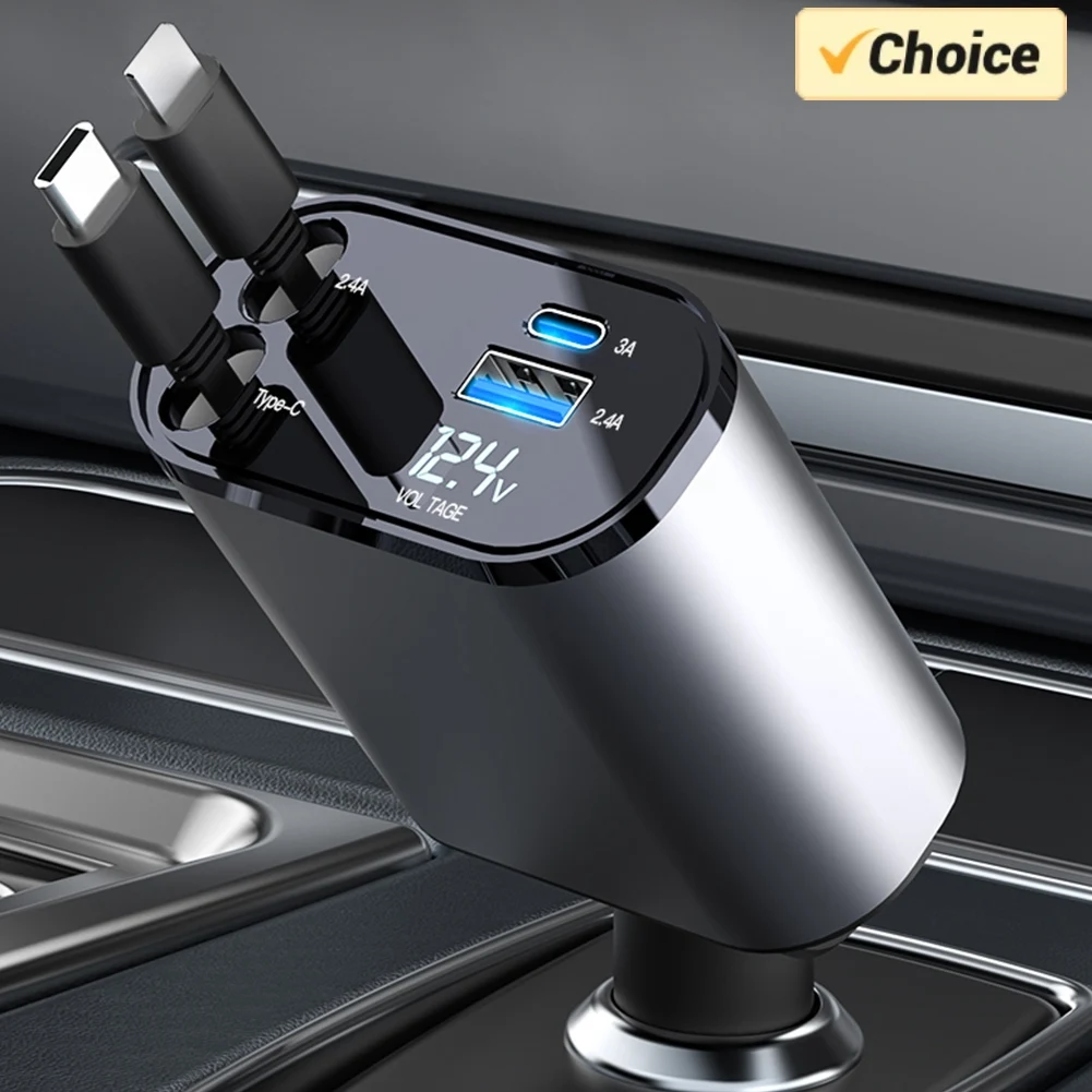 

86W PD QC3.0 4 IN 1 Flexible Retractable Car Fast Charger for Apple USB Type C Super Fast Charger Cigarette Lighter Adapter