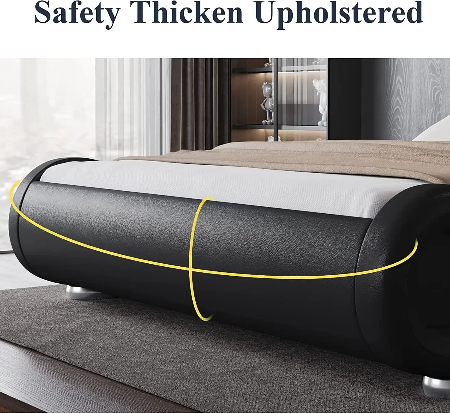 هيكل سرير كبير، مريح، لوح رأسي قابل للتعديل، تصميم مزلج ذو منصة مبطنة حديثة منخفضة المستوى - سهل التجميع، أسود