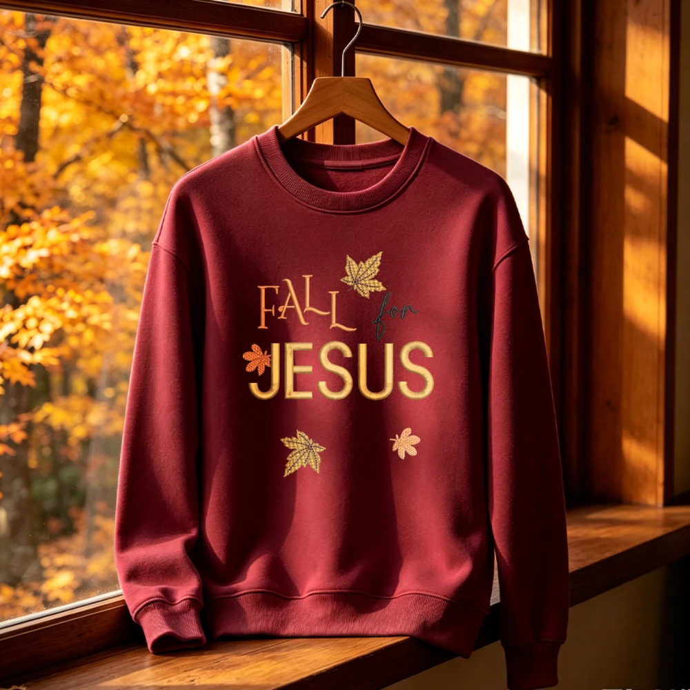 „Fall For Jesus“ – christliches Sweatshirt mit Rundhalsausschnitt, bordeauxfarben, mit Ahornblatt-Motiv, religiöse Kleidung, unisex, für Damen und Herren, Geschenkidee.