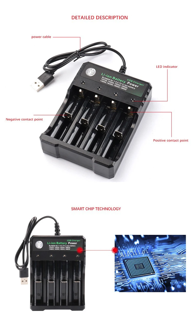 2/4-Slot-Ladegerät für 18650 Lithium-Akkus, Dual DC 4,2 V 1000mA für 18500 wiederaufladbare Akkus – Detail 3