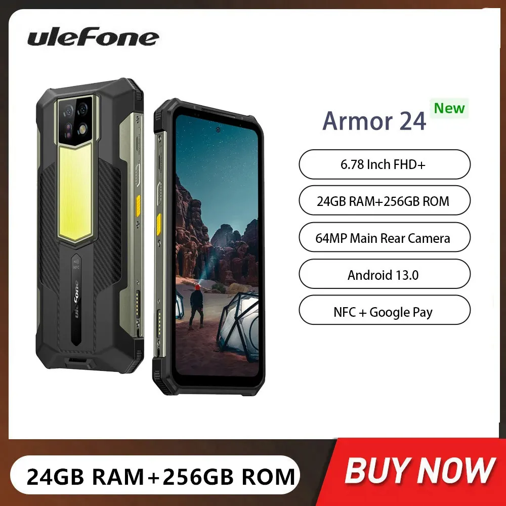 Ulefone 방수 견고한 스마트폰, 안드로이드 13 휴대폰, 64MP 카메라, 22000mAh, 4G 휴대폰, NFC, 6.78 인치, 24GB + 256GB, 아머 24