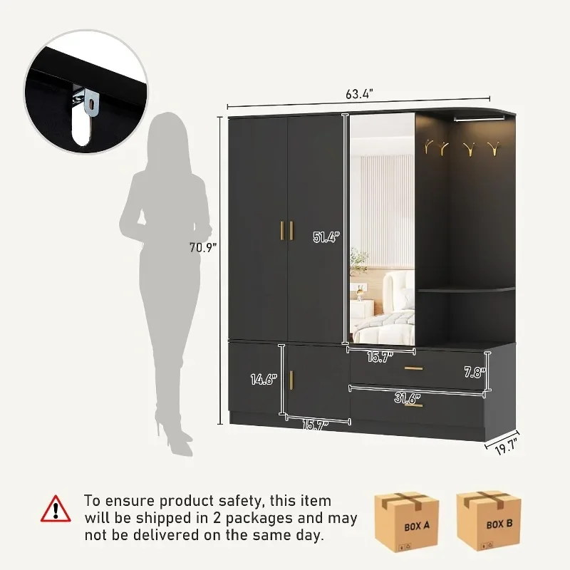 XVD Armoire Wardrobe Closet with Mirror & Sensor Light, Bedroom Armoire with 5 Doors & 2 Drawers, Modern Wooden Large Wardrobe