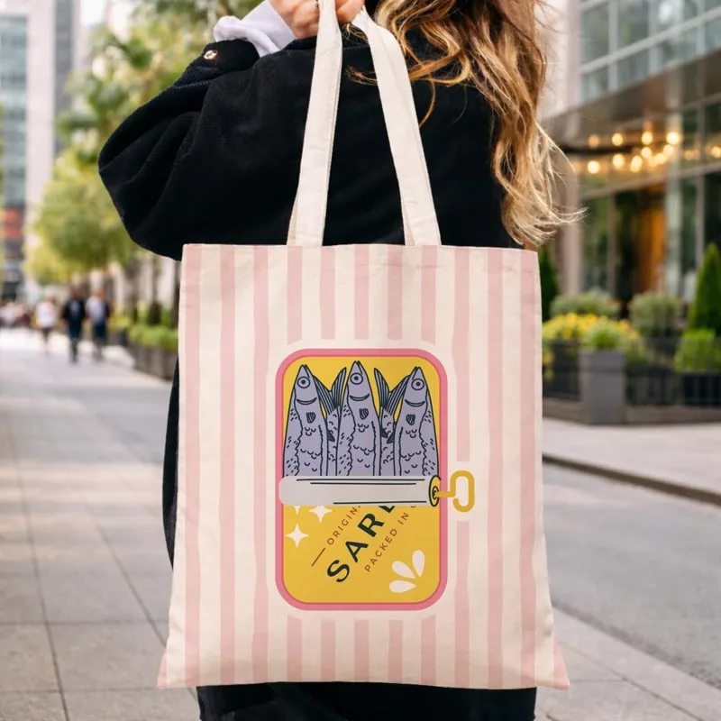 Funny Graphic Canvas Tote Bag Reusable Dark Humor Shoulder Bag Multi Functional High Capacity Shopping Bags Sardine Handbag