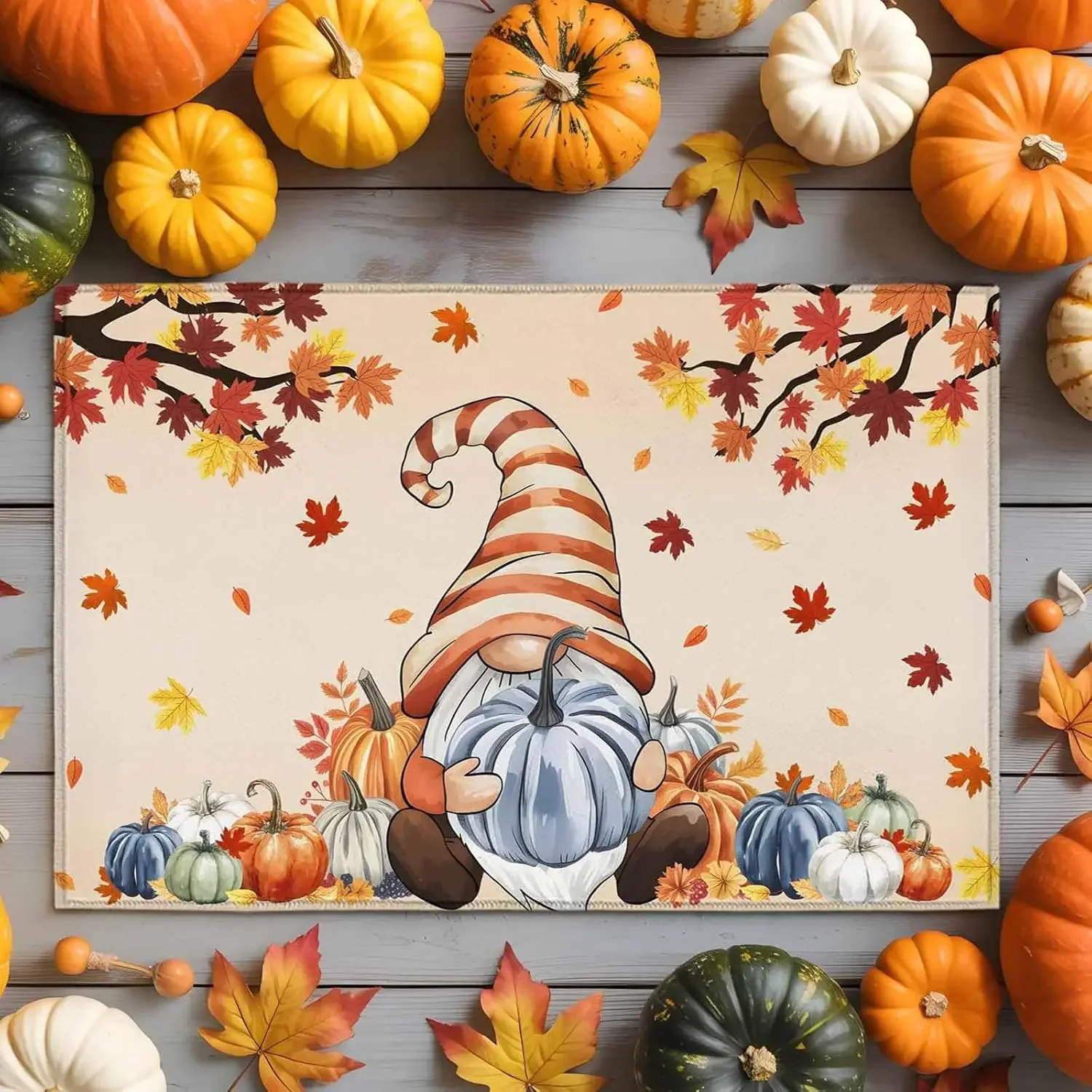 VIKAMA Indoor Doormat Thanksgiving Gnome Pumpkin Orange Absorbent Non Slip Washable Door Mat Fall Maple Leaf Entrance Home Decor