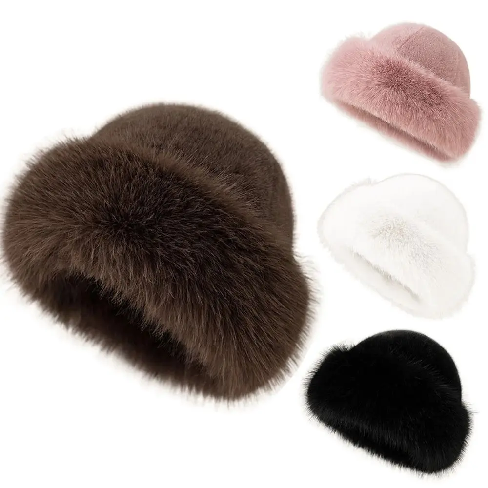 

Thick Warm Fluffy Fur Bucket Hat Imitation Mink Fur Plush Panama Cap Brimless Solid Color Russian Cap Outdoor Skiing
