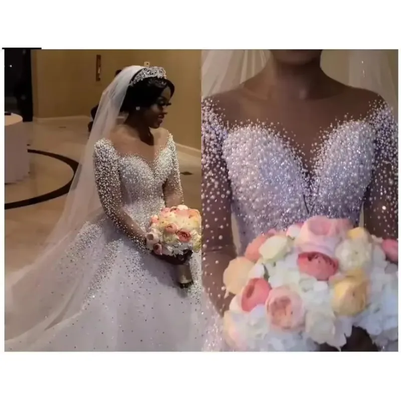 Customized Luxury Ball Gown Wedding Dress Sparking Beading Pearls Bridal Shining White Formal Wear Plus Size Bridal Gowns