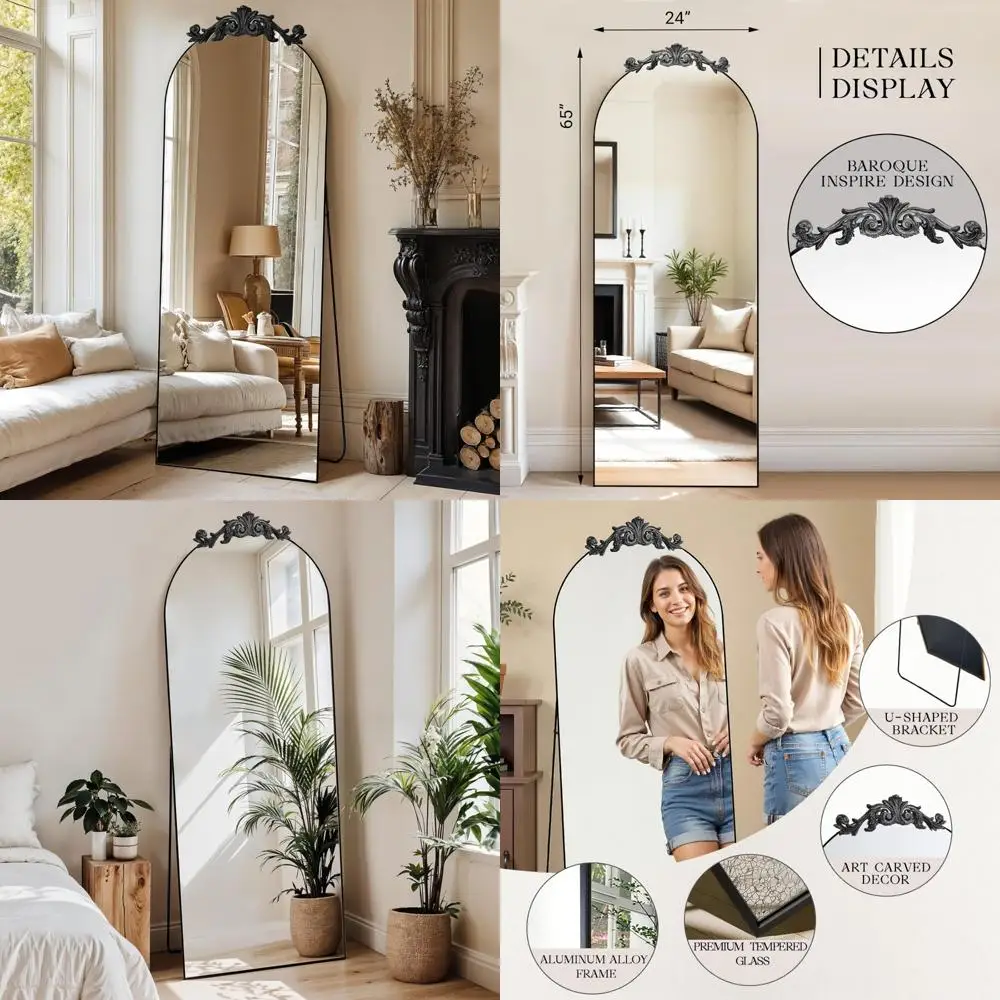 

Antique Large Arched Full Body Mirror, 65x24 Inches, Freestanding with Carving Top, Vintage Baroque Style, Full Metal Frame, Lon