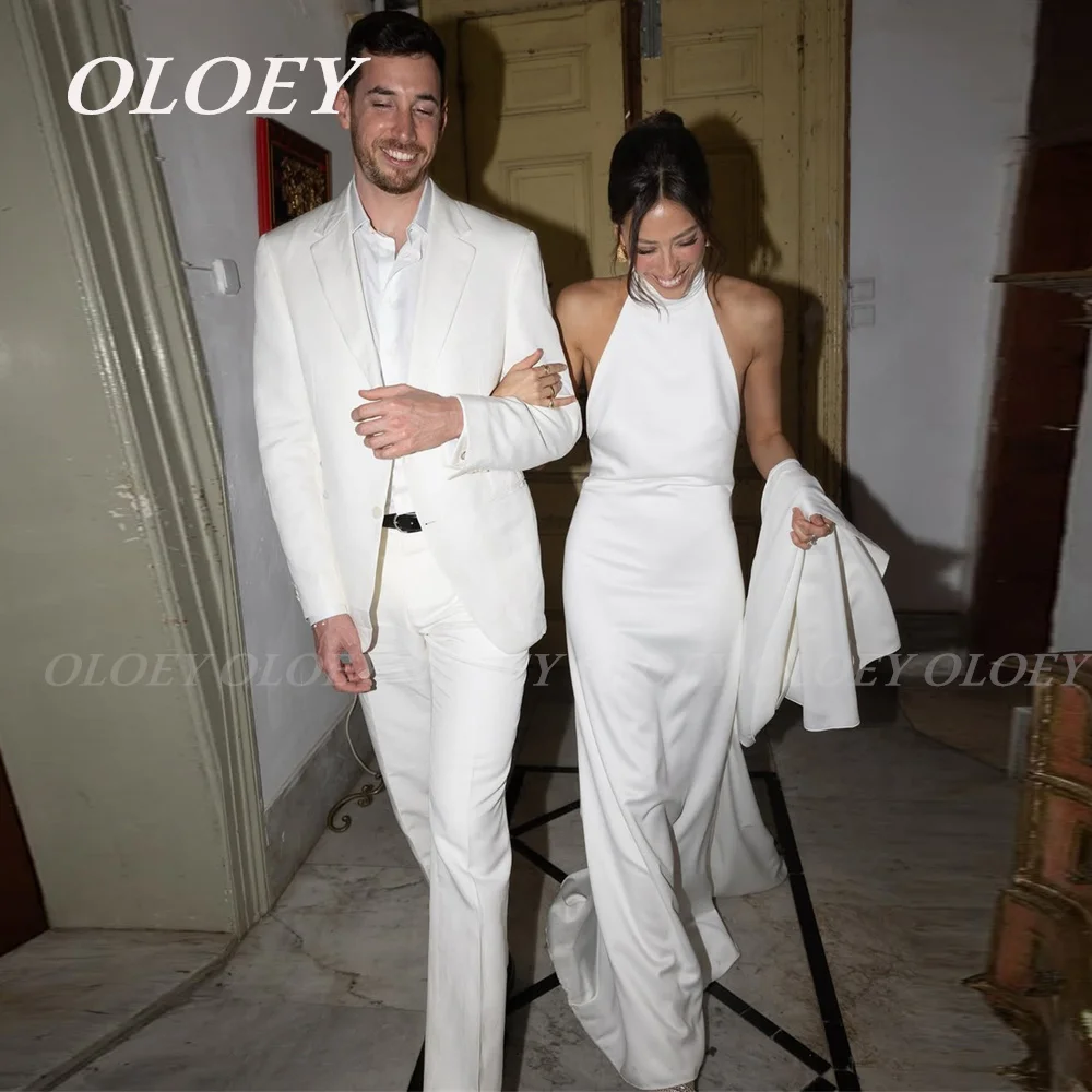 

OLOEY Elegant Customized Halter Mermaid Wedding Dress For Bride 2025 Backless Simple Satin Bridal Gown Robe De Mariee