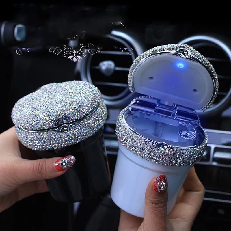 Sparkling Rhinestone Car Ashtray With LED Light Alloy Ash Tray Smokeless Auto Ashtray Car Cup Holder Cigarette Accessories