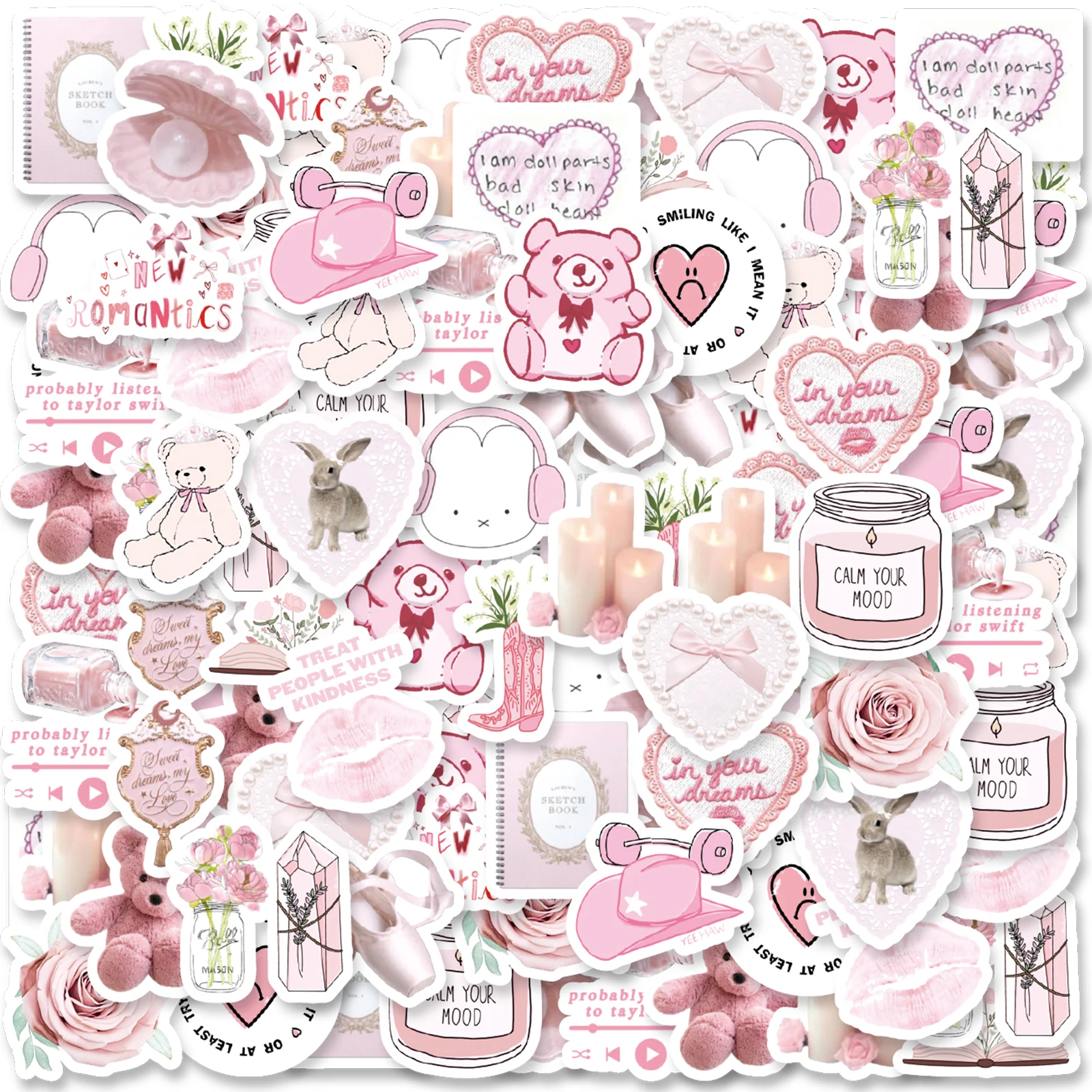 46PCS Bear, Shark, Rose Pink Theme Stickers Decorated Diary Notebook Water Bottle Classic Toy Stationery Paper-Cut Thin Decal