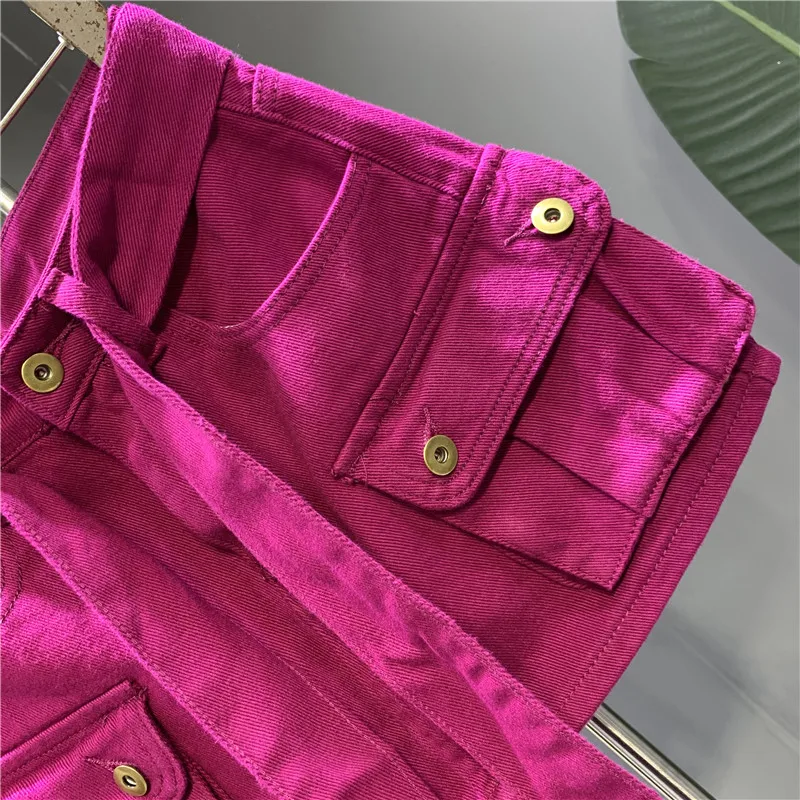 Fashion Streetwear Pitaya Color Denim Skirt 2023 Spring and Autumn Personality Three-Dimensional Workwear with Pocket Hip Skirt