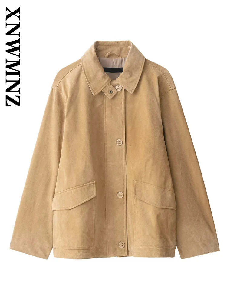 

XNWMNZ 2025 осенняя женская одежда, модная замшевая кожаная куртка с отложным воротником, винтажная повседневная женская простая верхняя одежда