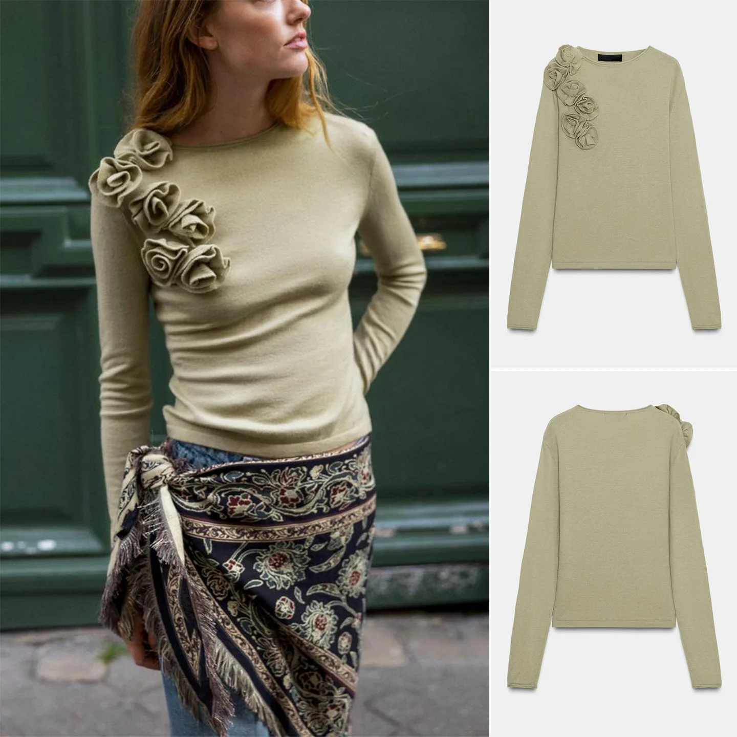 

mat round Ne Long Sve Knitted Sweater Autumn Winter New Arrival 3D Flower Decoration French Sle Slim Fit Polyester